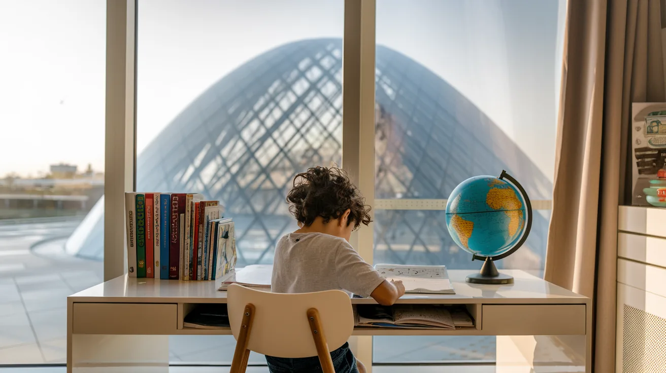 Modern Abu Dhabi skyline at sunset with a child studying science at a desk in the foreground