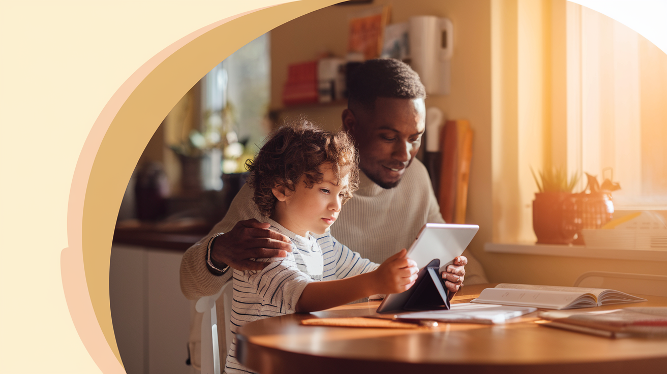 A concerned but thoughtful parent sitting with their young child at a kitchen table, both looking at a tablet together w