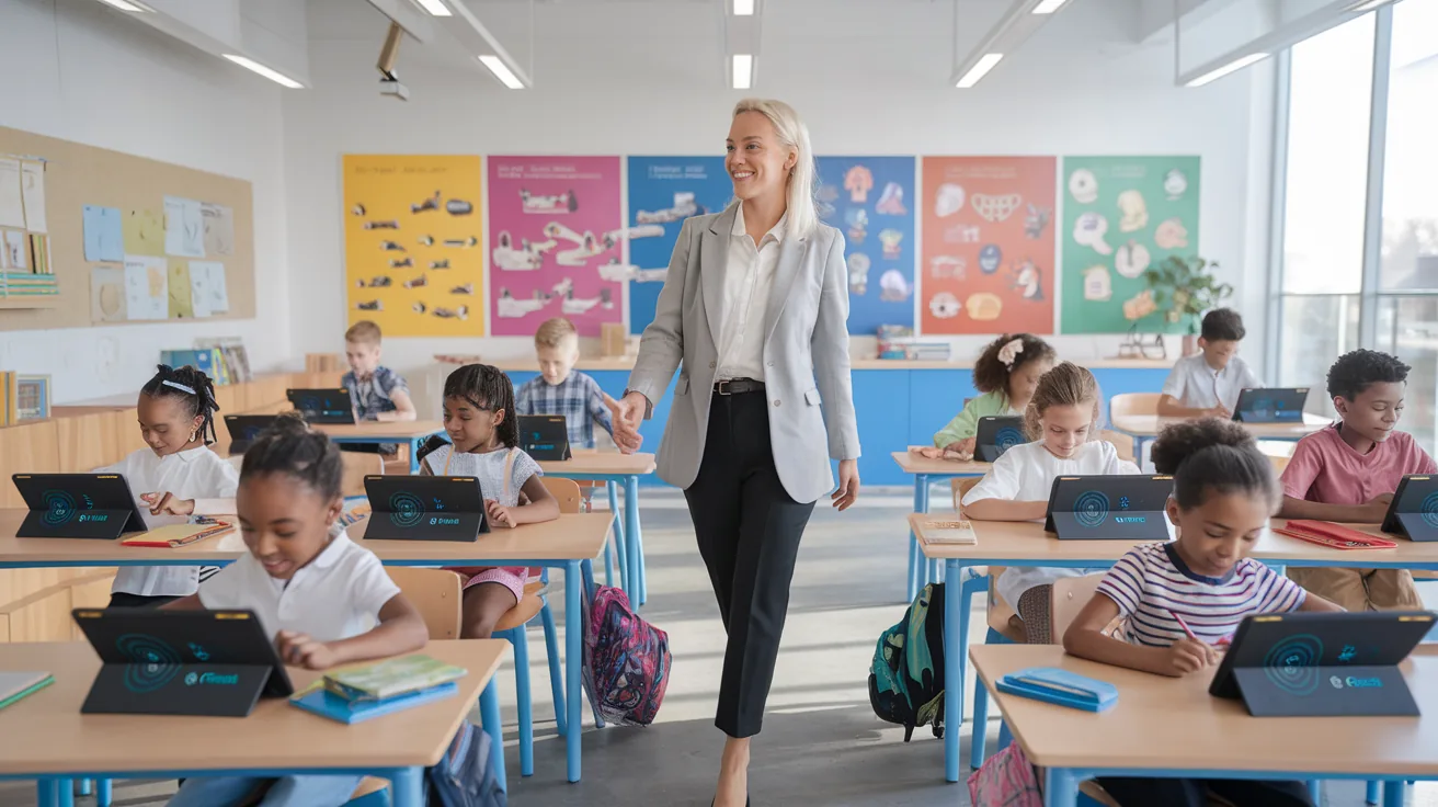 Modern classroom with children using personalised AI learning interfaces on tablets