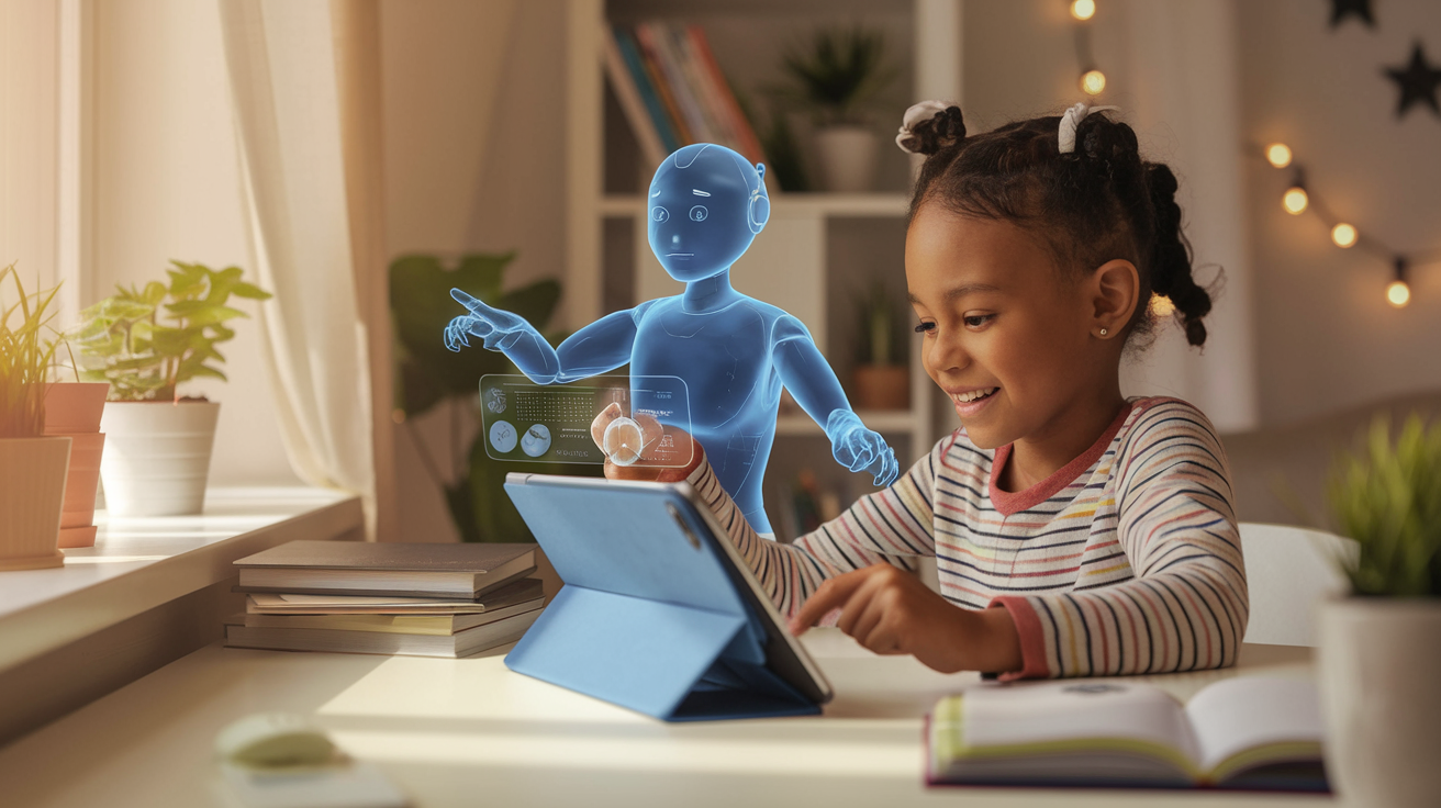 Child learning with AI tutor on tablet in a cozy study room