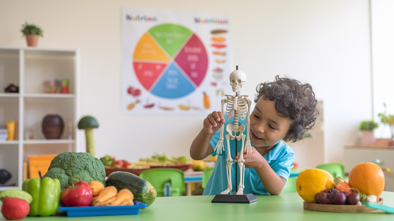 Year 3 student examining a model skeleton while learning about the human body