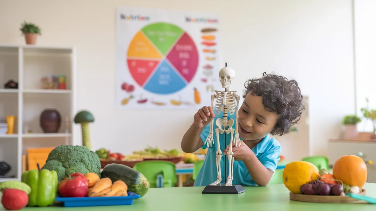 Year 3 student examining a model skeleton while learning about the human body