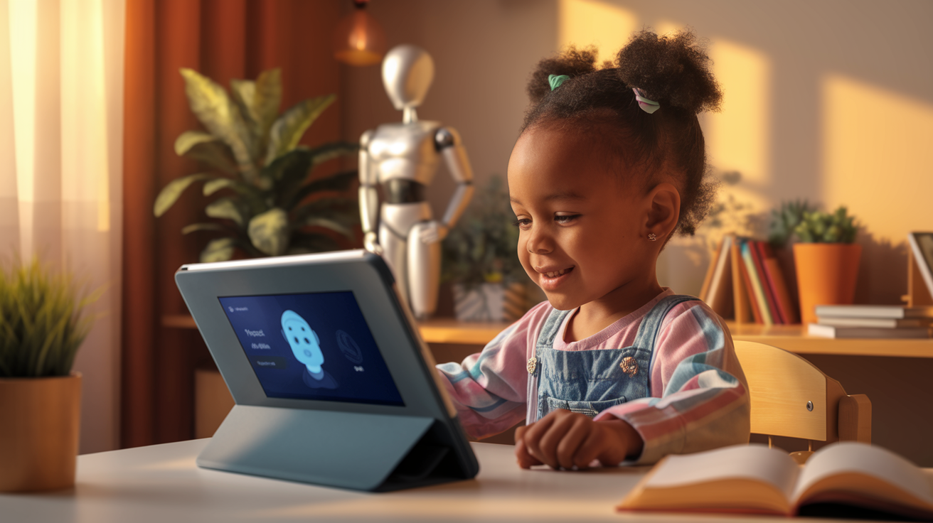 A young child sitting at a desk with a warm smile, looking at a tablet screen showing an AI tutor interface, with soft g