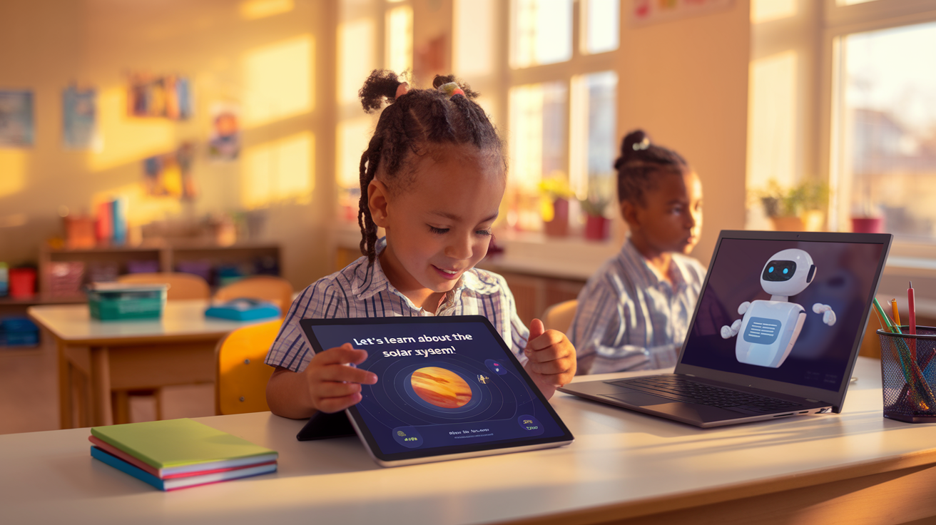 Split screen showing a generic chatbot interface on one side and a child-friendly, educational AI tutor interface on the