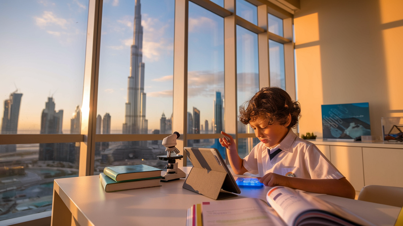 Dubai skyline with a child studying science at home