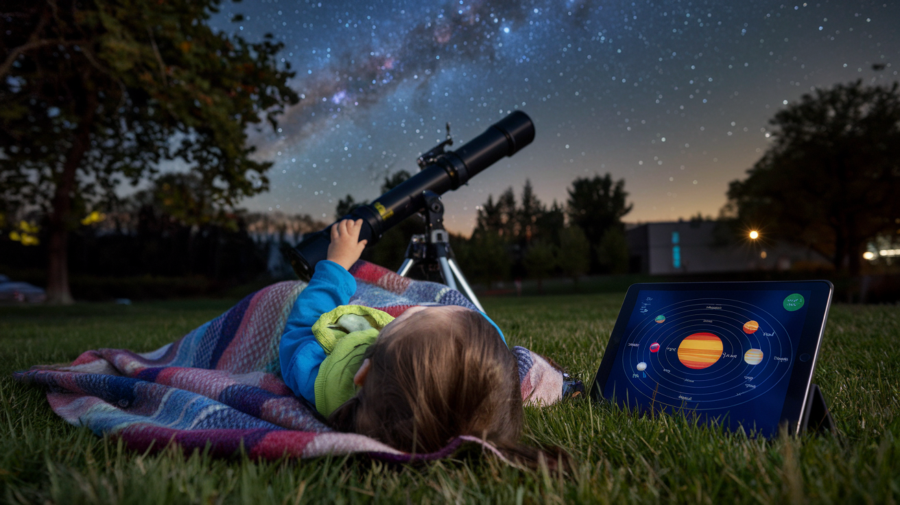 A child looking through a telescope at a starry night sky, with a diagram of the solar system visible on a tablet beside