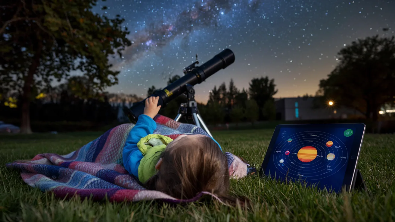 A child looking through a telescope at a starry night sky, with a diagram of the solar system visible on a tablet beside