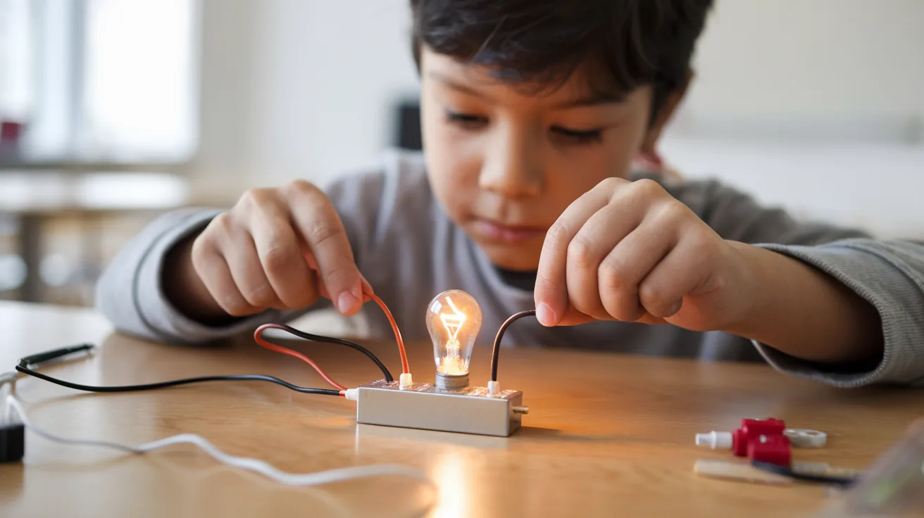 Simple circuit diagram with battery, wires, and light bulb illustrated in friendly style