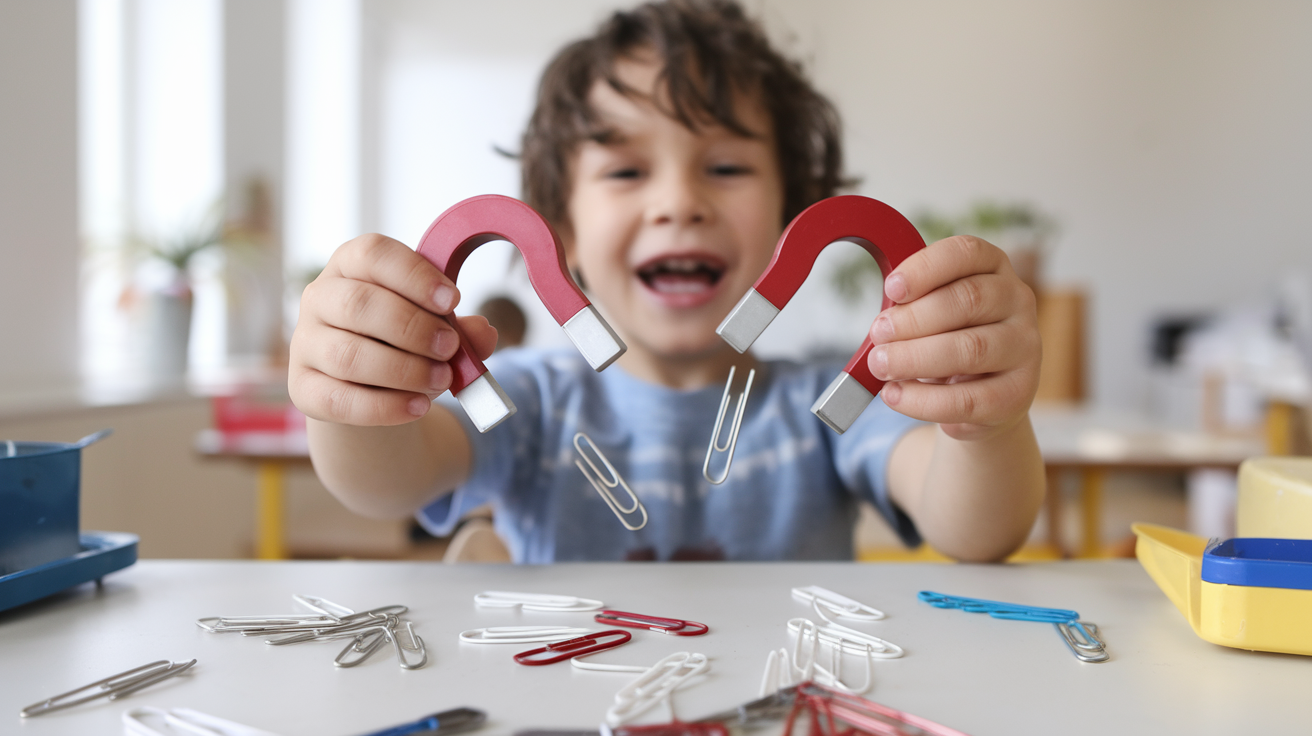 A Year 3 student exploring magnets and observing attraction and repulsion