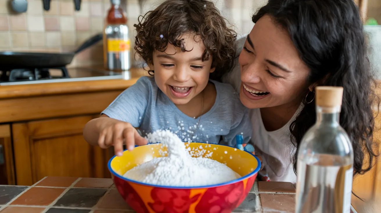 A parent and child smiling while working together on science homework at a kitchen table