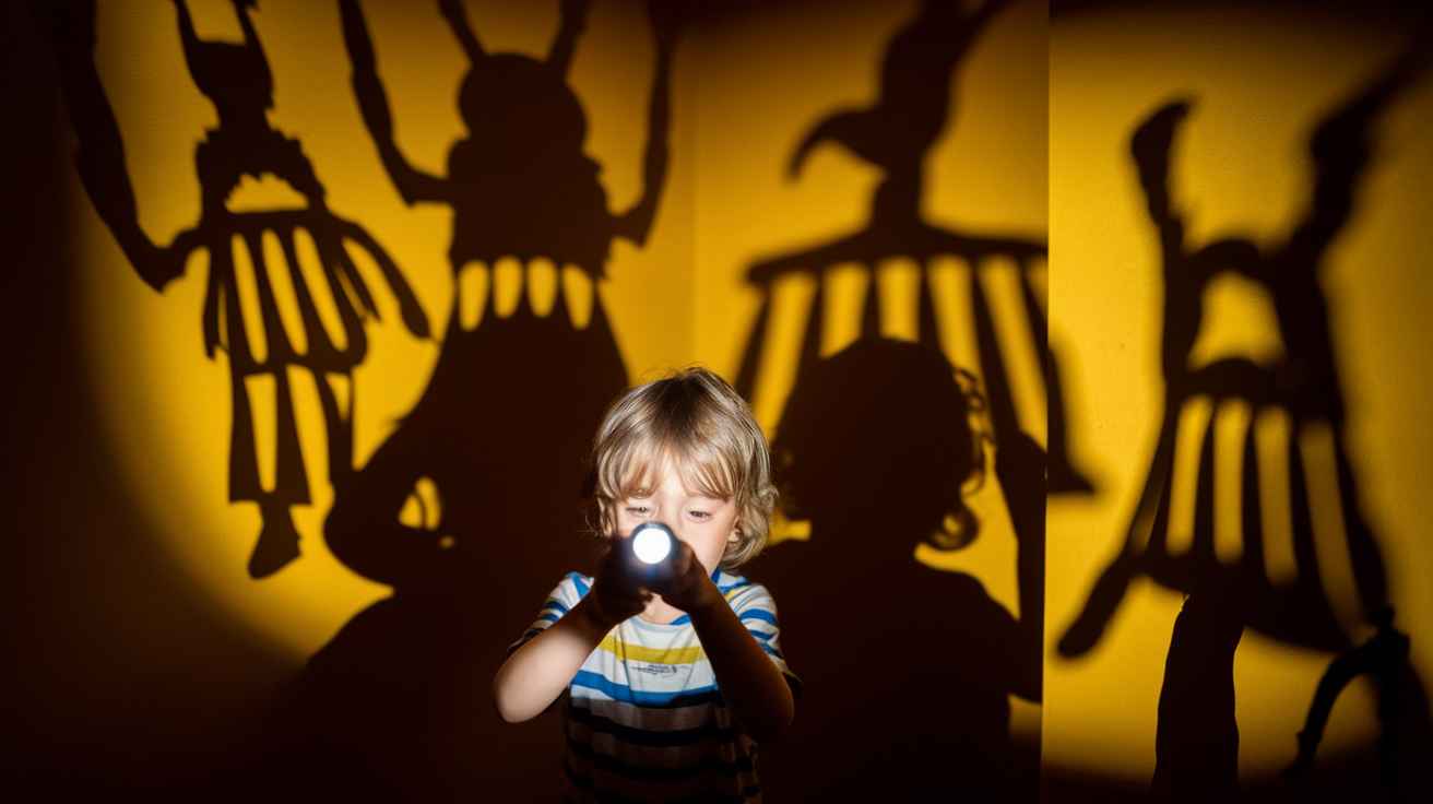 Child experimenting with light and shadows using a torch and everyday objects