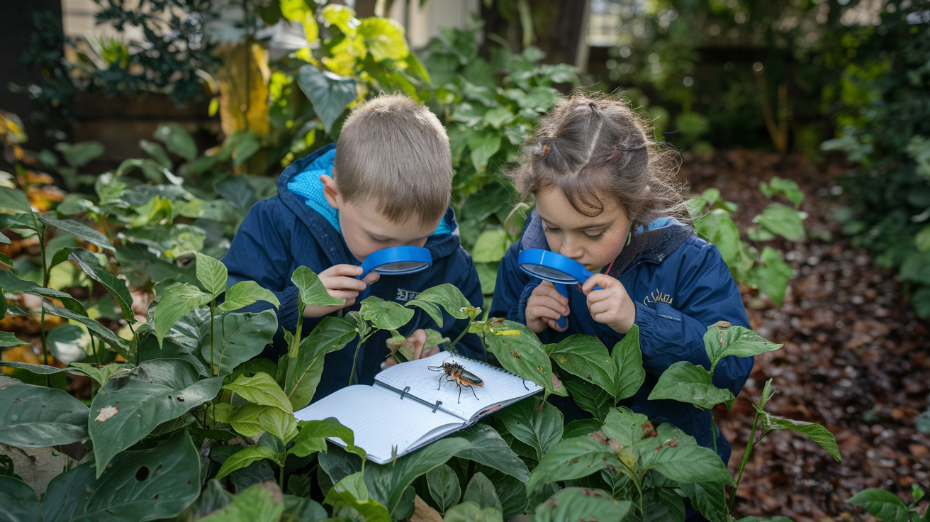 Children exploring nature, examining plants and insects with magnifying glasses in various habitats