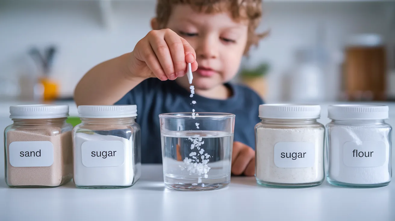 Science experiment showing dissolving, filtering, and evaporation processes with clear beakers and materials