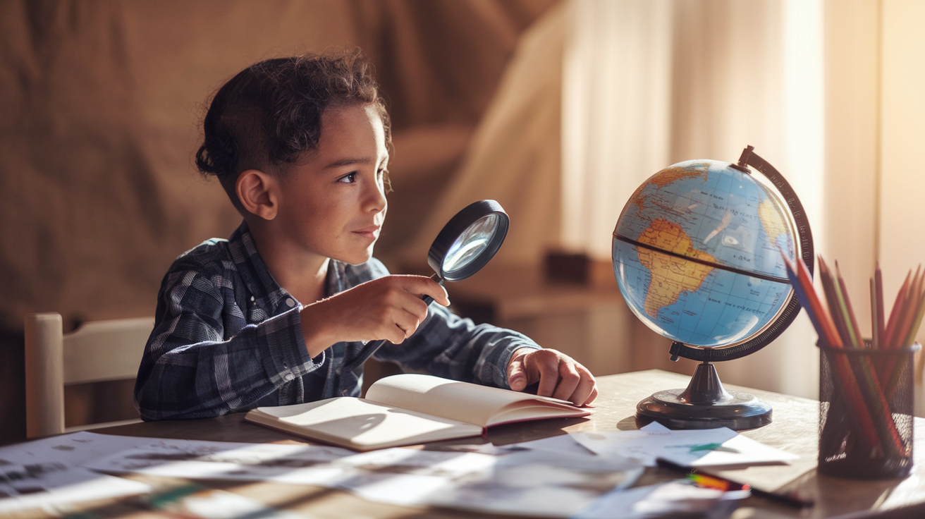 A curious 8-year-old child with a thoughtful expression sits at a wooden desk with an open notebook and colorful pencils