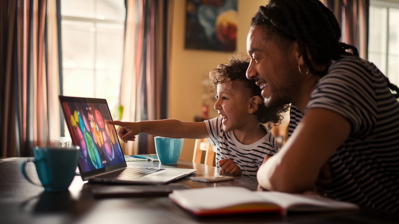 A parent and child looking at a laptop screen showing an online science tutor session