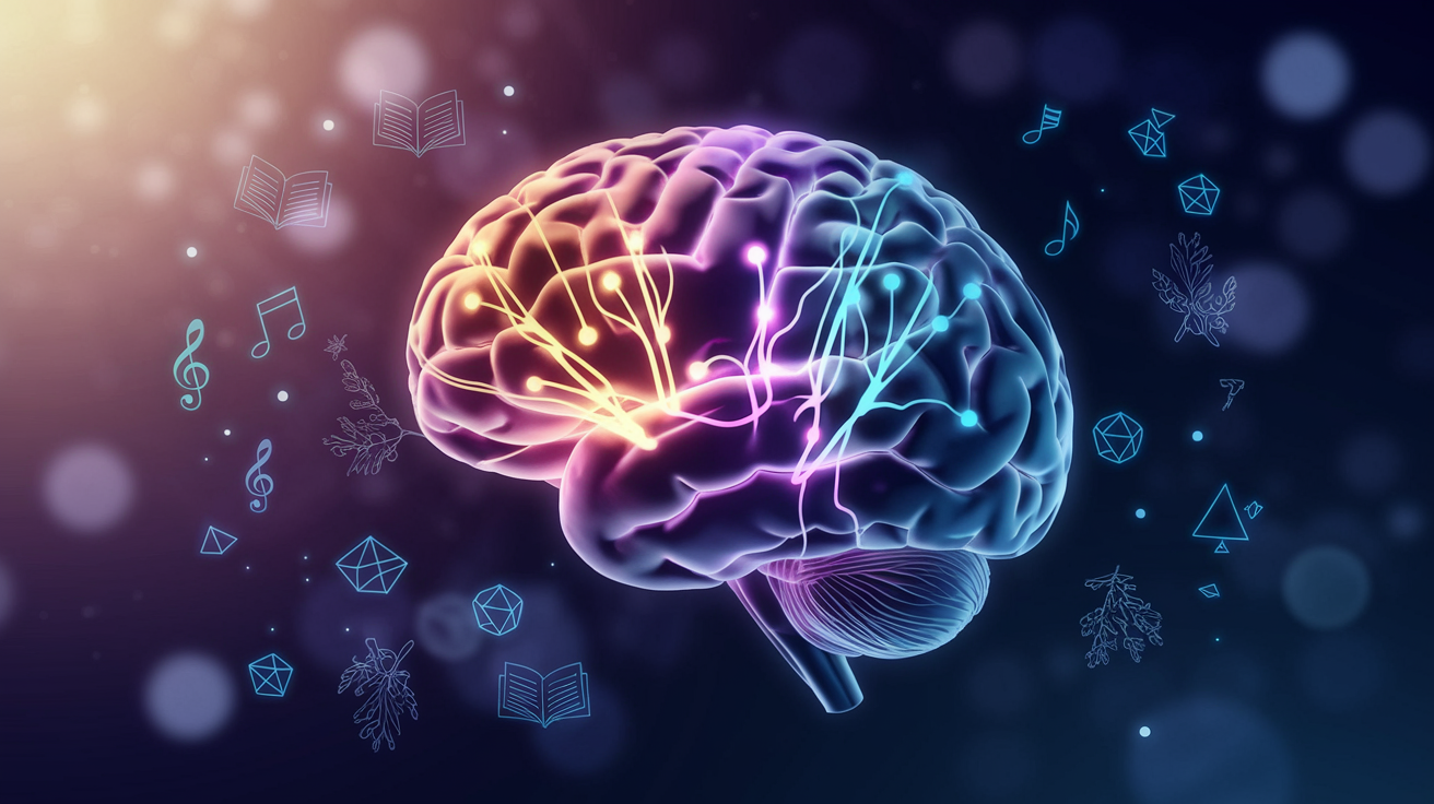 Child's brain with glowing neural pathways representing different learning strengths