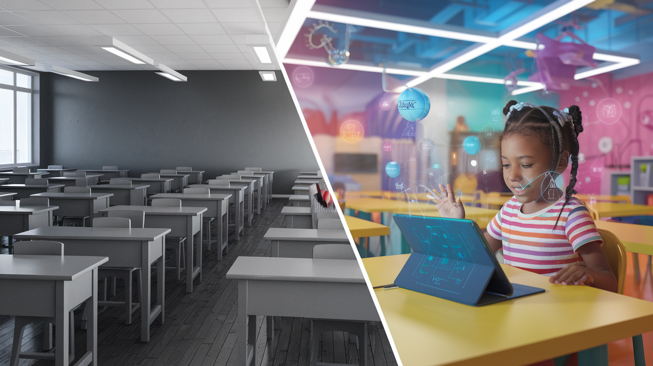 Contrast between traditional classroom and personalized AI learning