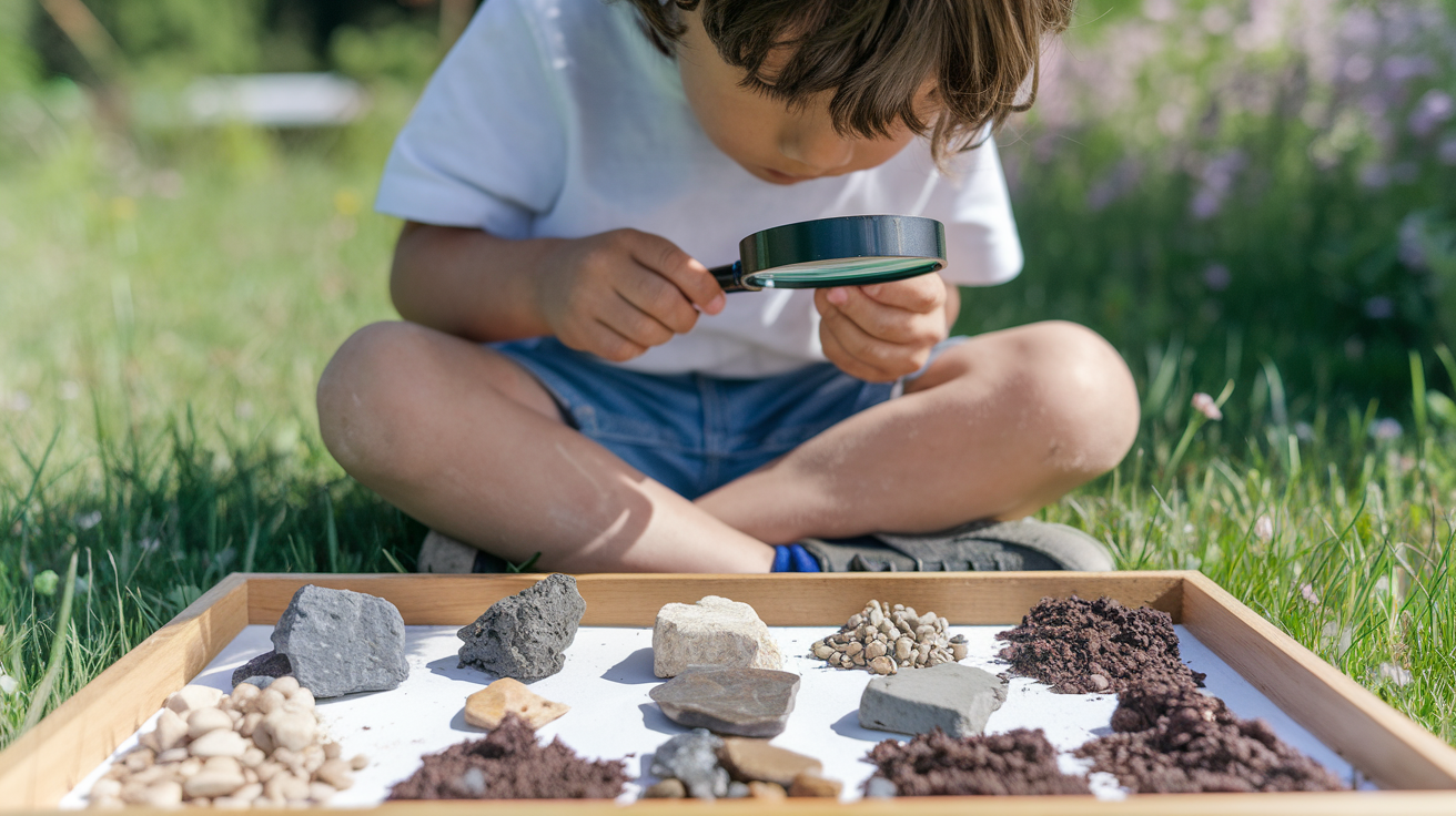 Collection of different rock types and soil samples with magnifying glass and labels