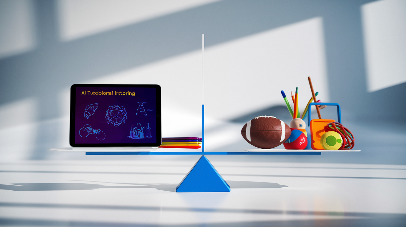 A balanced scale with educational AI on one side and outdoor toys on the other