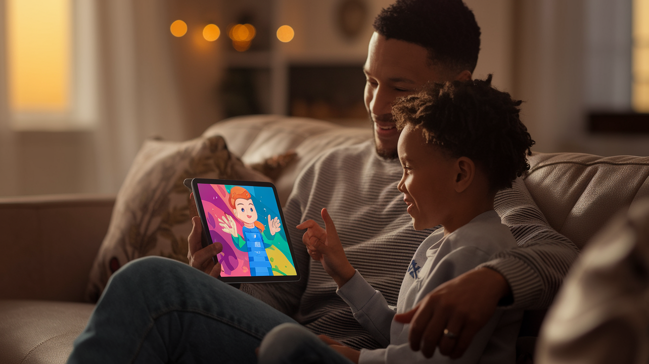 Parent and child learning together with educational AI on tablet
