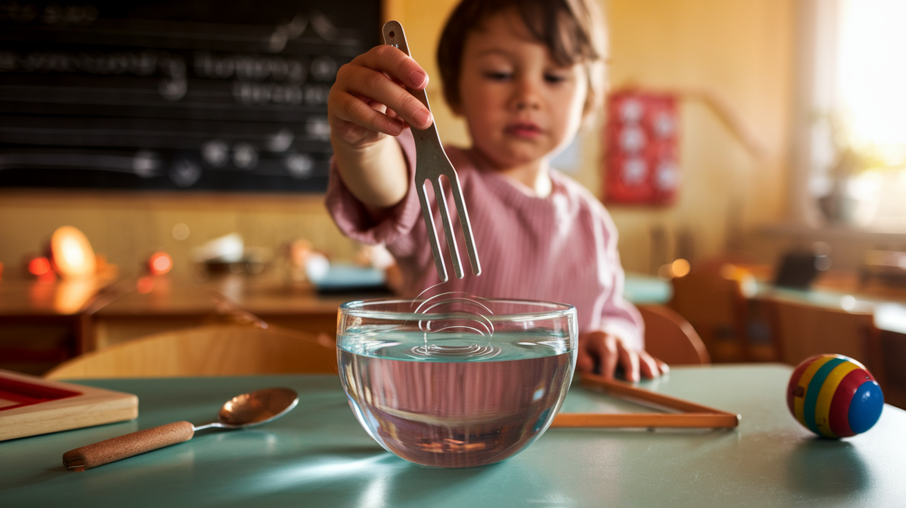A child conducting sound experiments with tuning forks and musical instruments in a bright classroom setting