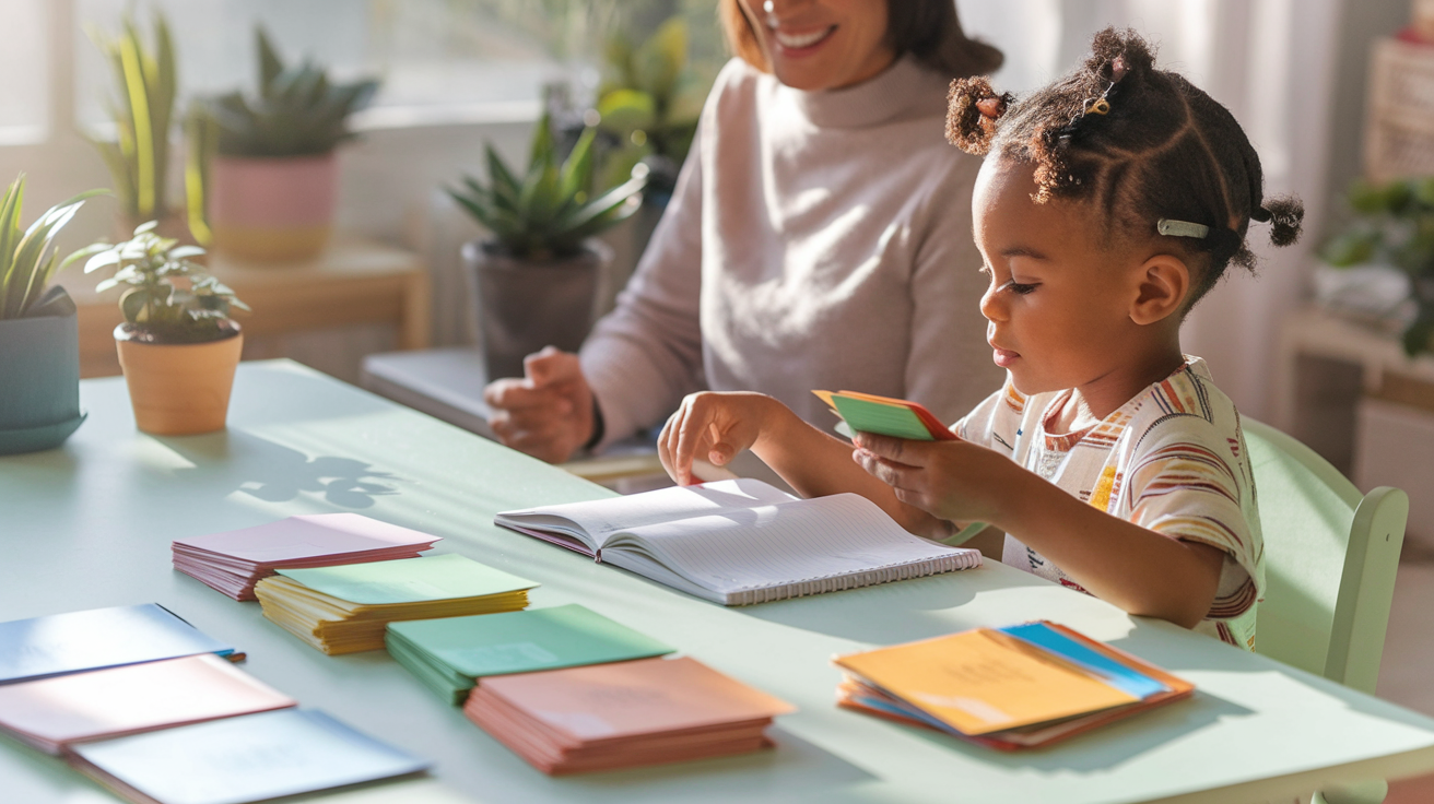 A young child sitting at a bright, sunlit desk with an open notebook and colorful study cards spread out across the surf