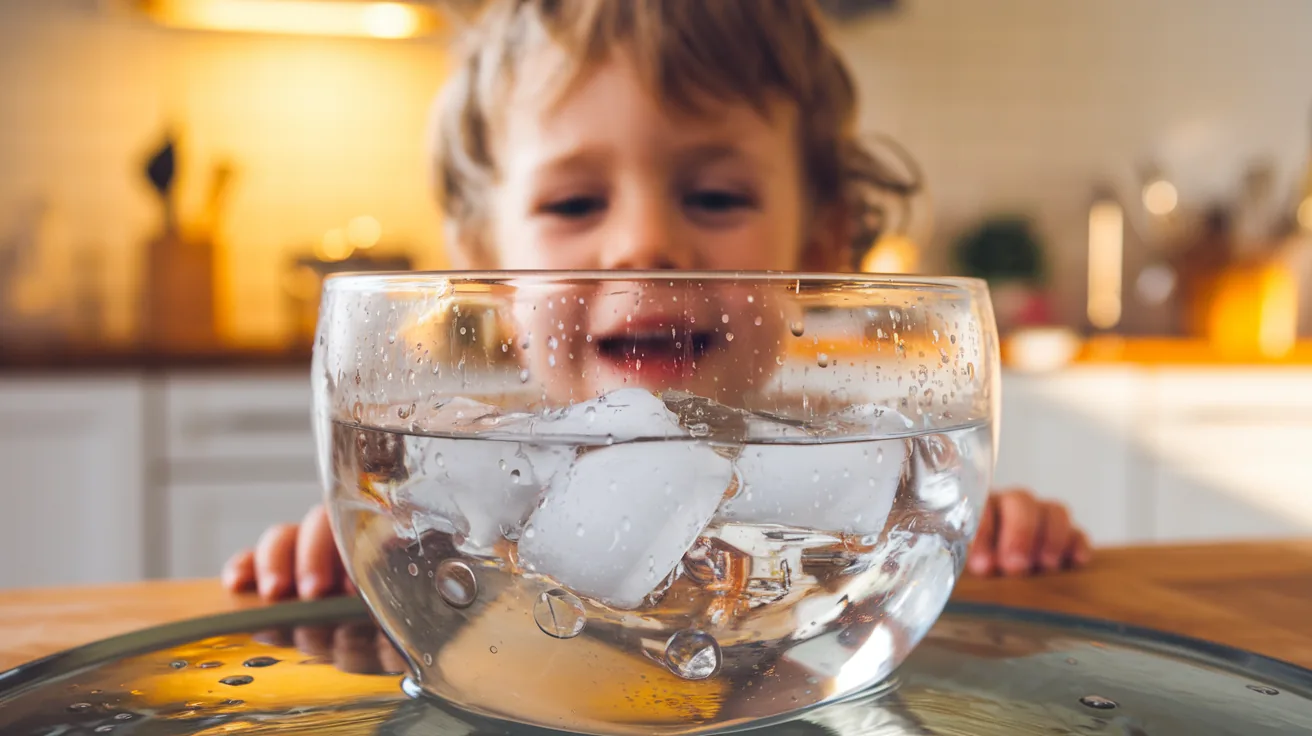 Ice cubes melting into water with steam rising, showing all three states of matter