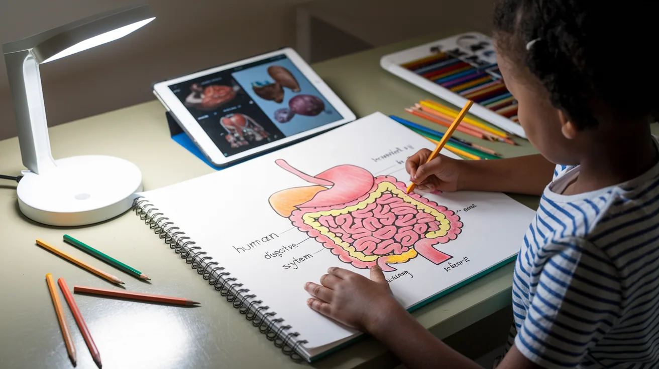 Child studying science diagrams showing plant growth, digestive system, and electrical circuits on a tablet