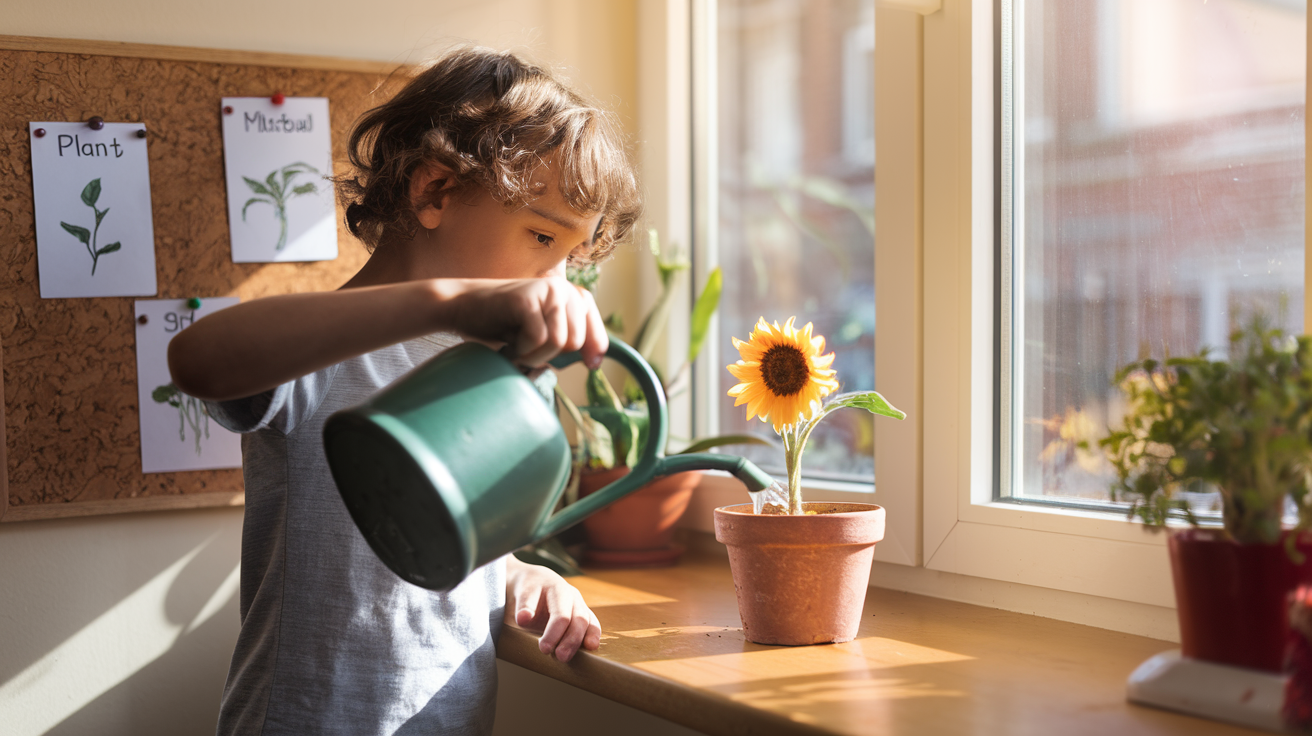 A child examining a potted plant with a magnifying glass, surrounded by labelled diagrams of plant parts
