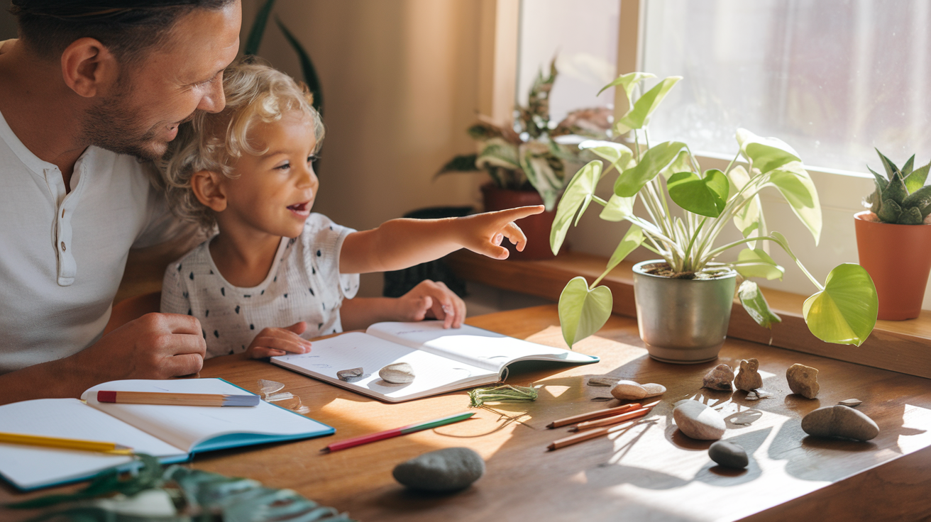 A warm, sunlit home study desk where a parent and child sit together examining plant specimens and rocks, with a bright 