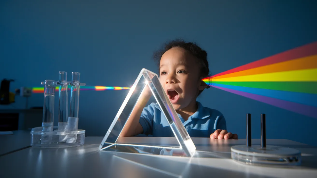 Child conducting light refraction experiment with prism
